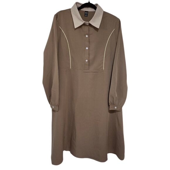 Dazy Tan Beige Contrast Collar Midi Shirt Dress Size L Long Sleeve Rayon Blend - Picture 3 of 10